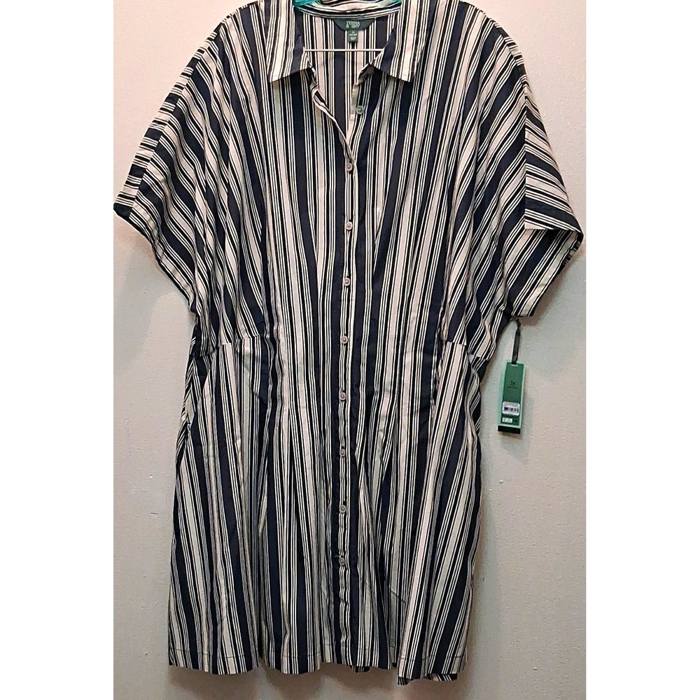 Shirt Dress 3X Navy/Beige Striped Button Very Loose Fitting